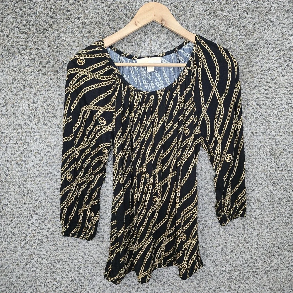 Michael Kors Top Womens Small Black Chain Print Scoop Neck Peasant Blouse Ladies